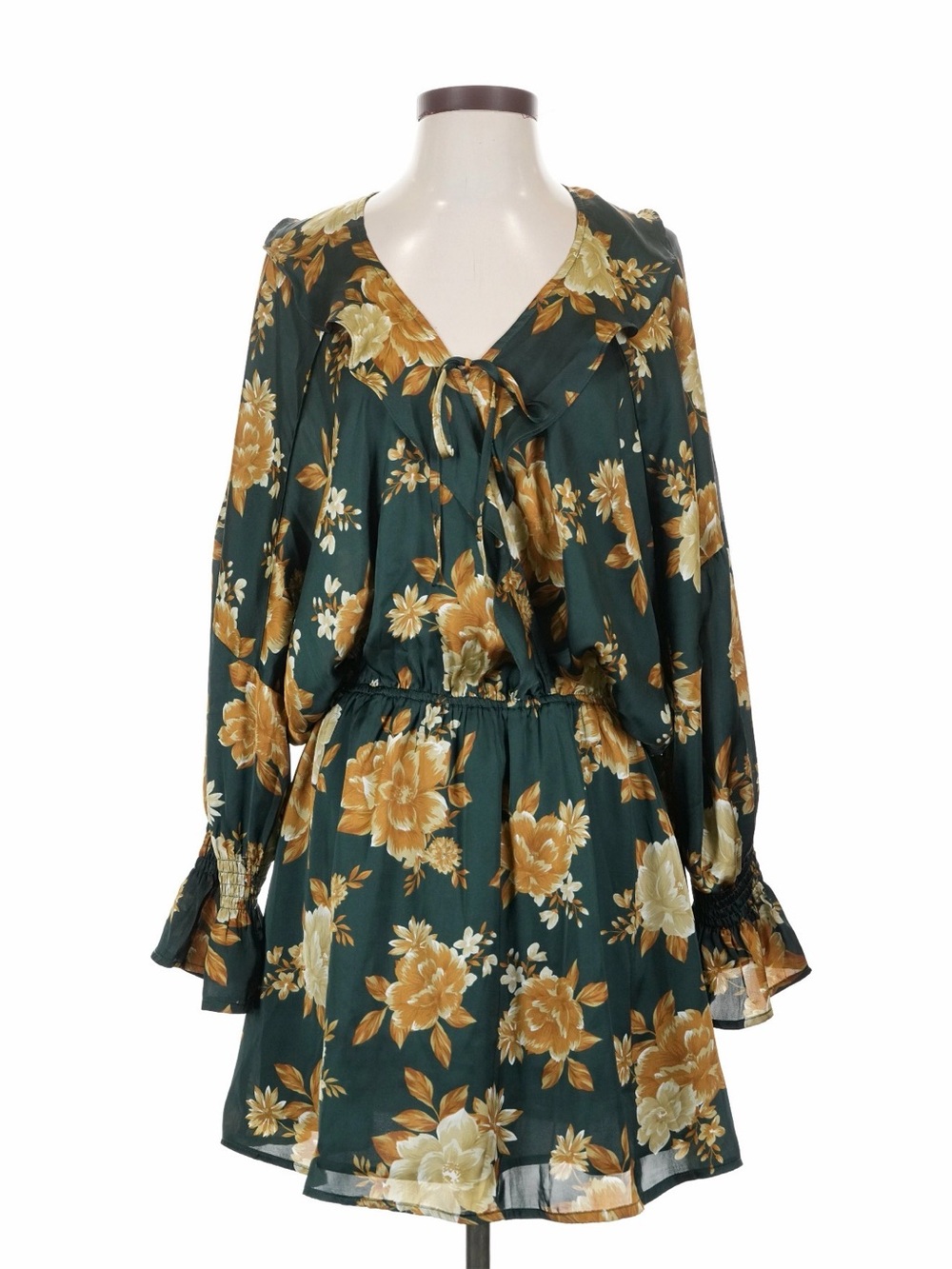 12th Tribe Green Floral Ruffle Tie Neck Long Sleeve Mini Dress Size Small